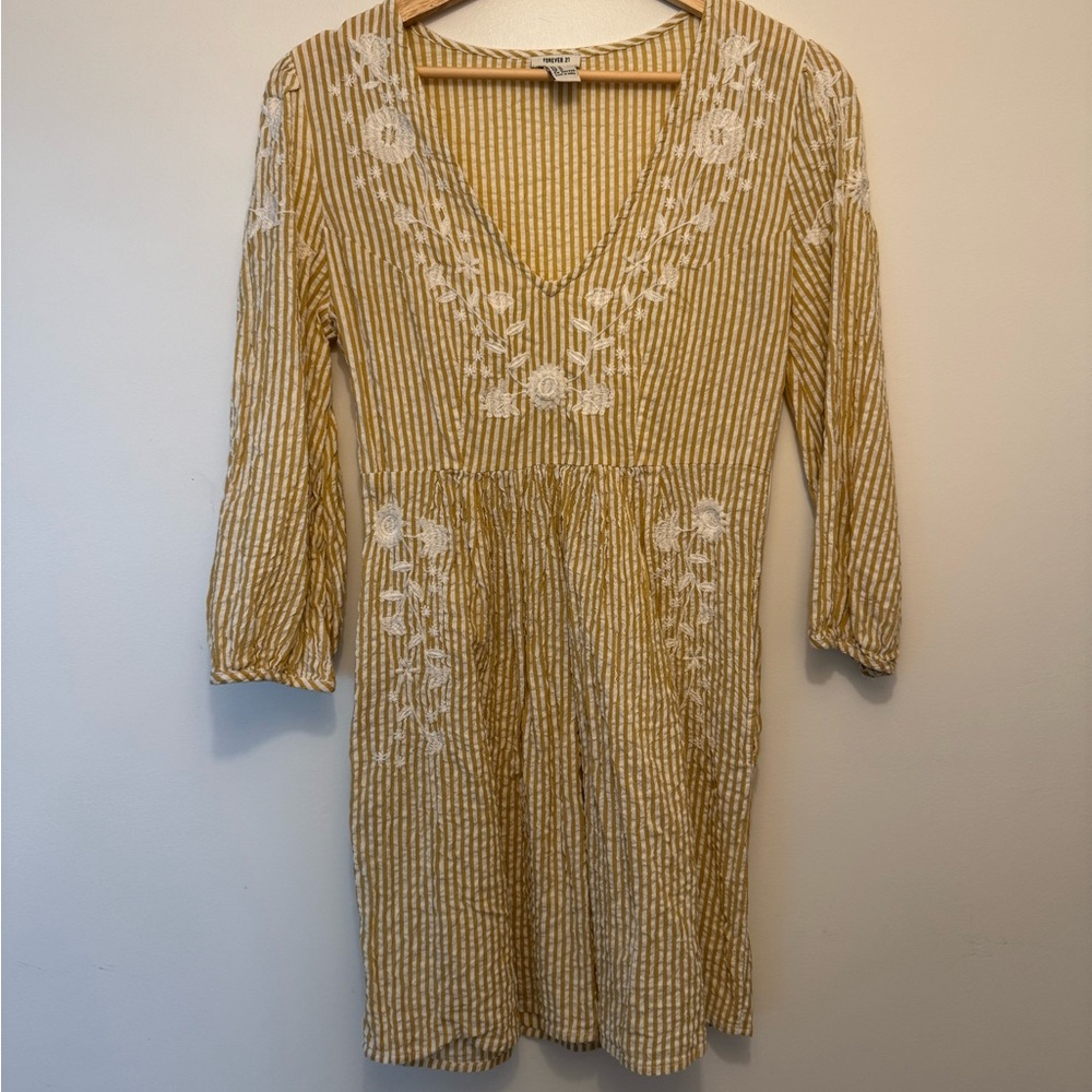 Forever 21 Yellow and White Striped Seersucker Dress with Balloon Sleeves